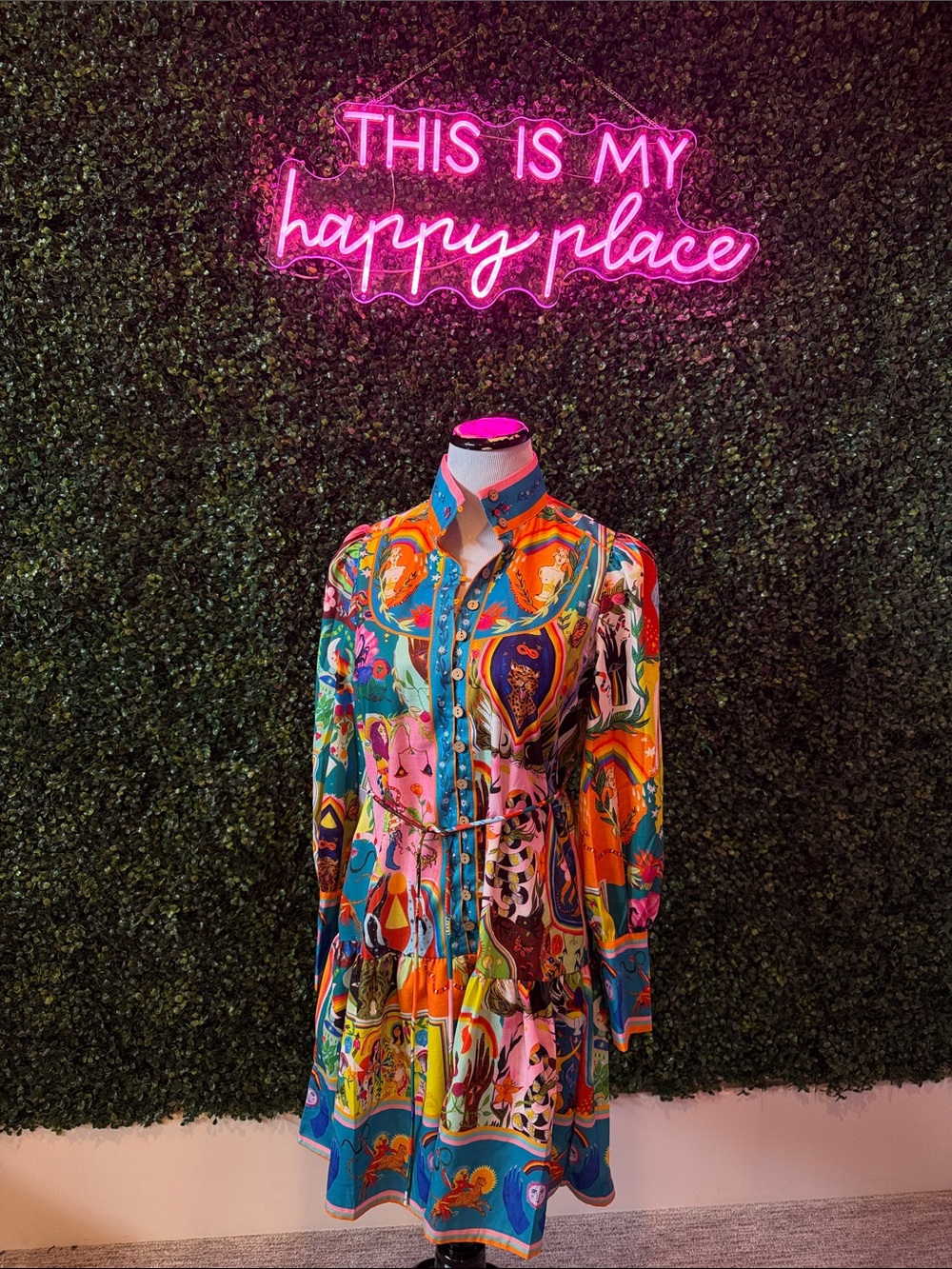 Printella Multicolor Printed Long-Sleeve Tiered Mini Dress - Picture 3 of 4